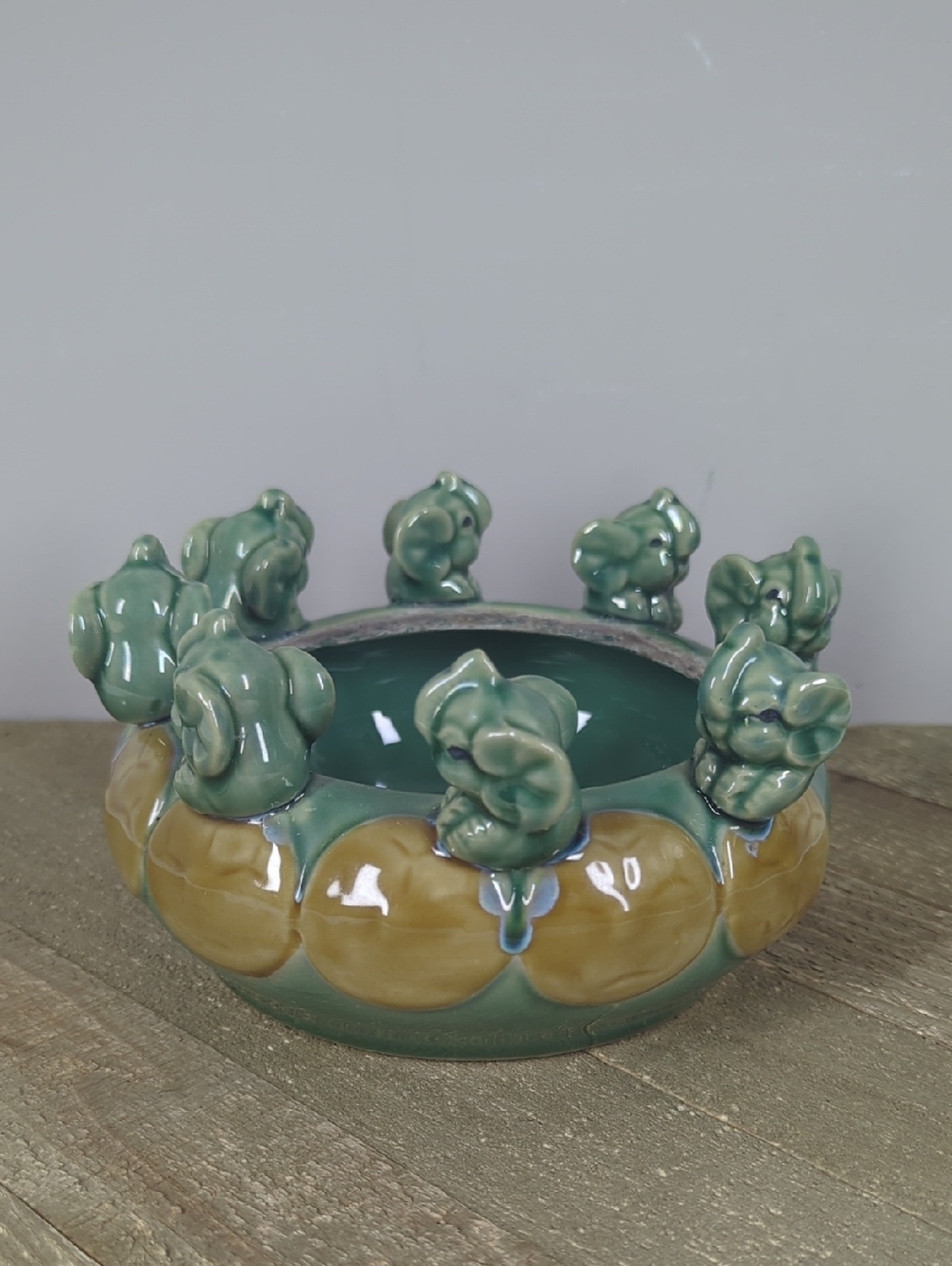 Vintage Majolica Elephant lanter 6” Green Ceramic Ring Bowl Cottagecore Garden